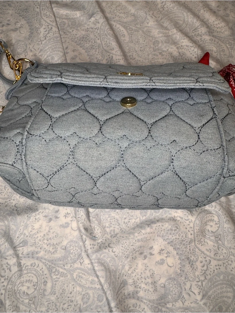Betsey Johnson Light Blue Soft Denim Quilted Heart Crossbody & Red Bandana Clip